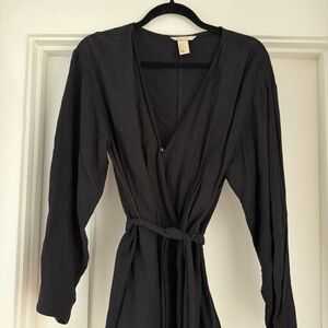 Black Linen-Blend Wrap Tie Blouse